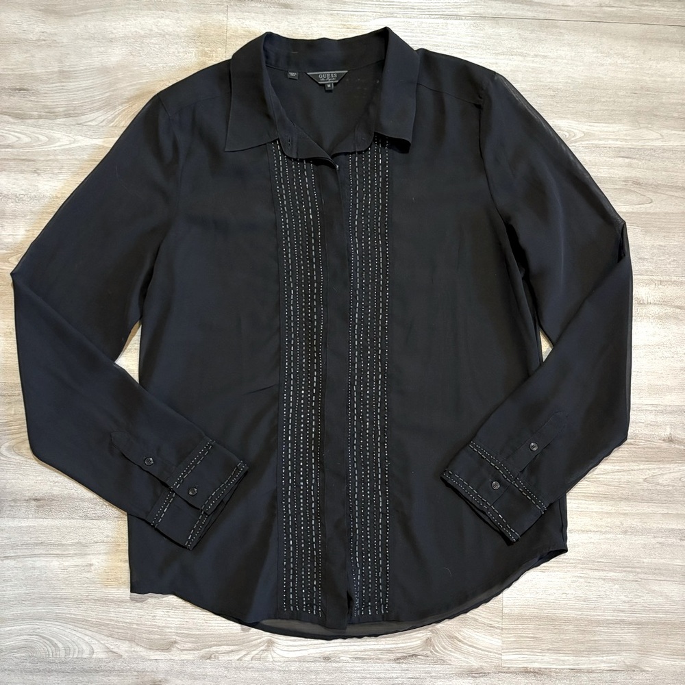 Guess Blouse Long Sleeve Black Button Down Shirt Sheer Beaded Womens Size Medium